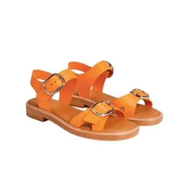 Everlane Women's Size 8 Twin-Buckle Leather Sandals Turmeric Orange Flat - Picture 1 of 13